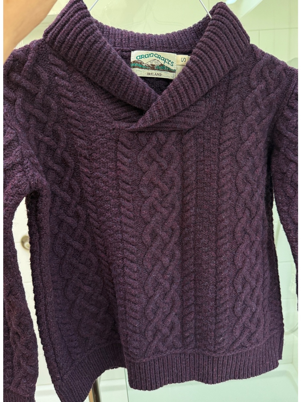 Aran Crafts Shawl Collar SWEATER Made Ireland 100% Wool Sz S Cable Knit DeepPlum